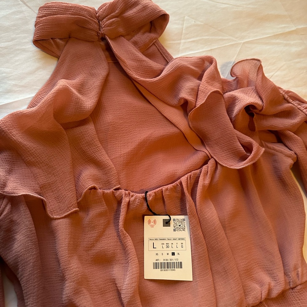 ZARA WOMAN HIGH COLLAR RUFFLED MINI DRESS MARSALA Size : Large, P2P: 17 inches - Picture 4 of 11